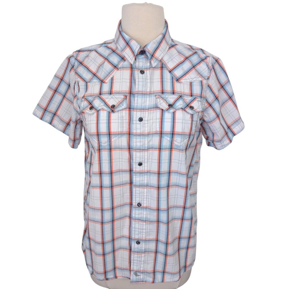 Cody James White Blue Orange Plaid Western Snap Short Sleeve Shirt- Kid Boy's XL